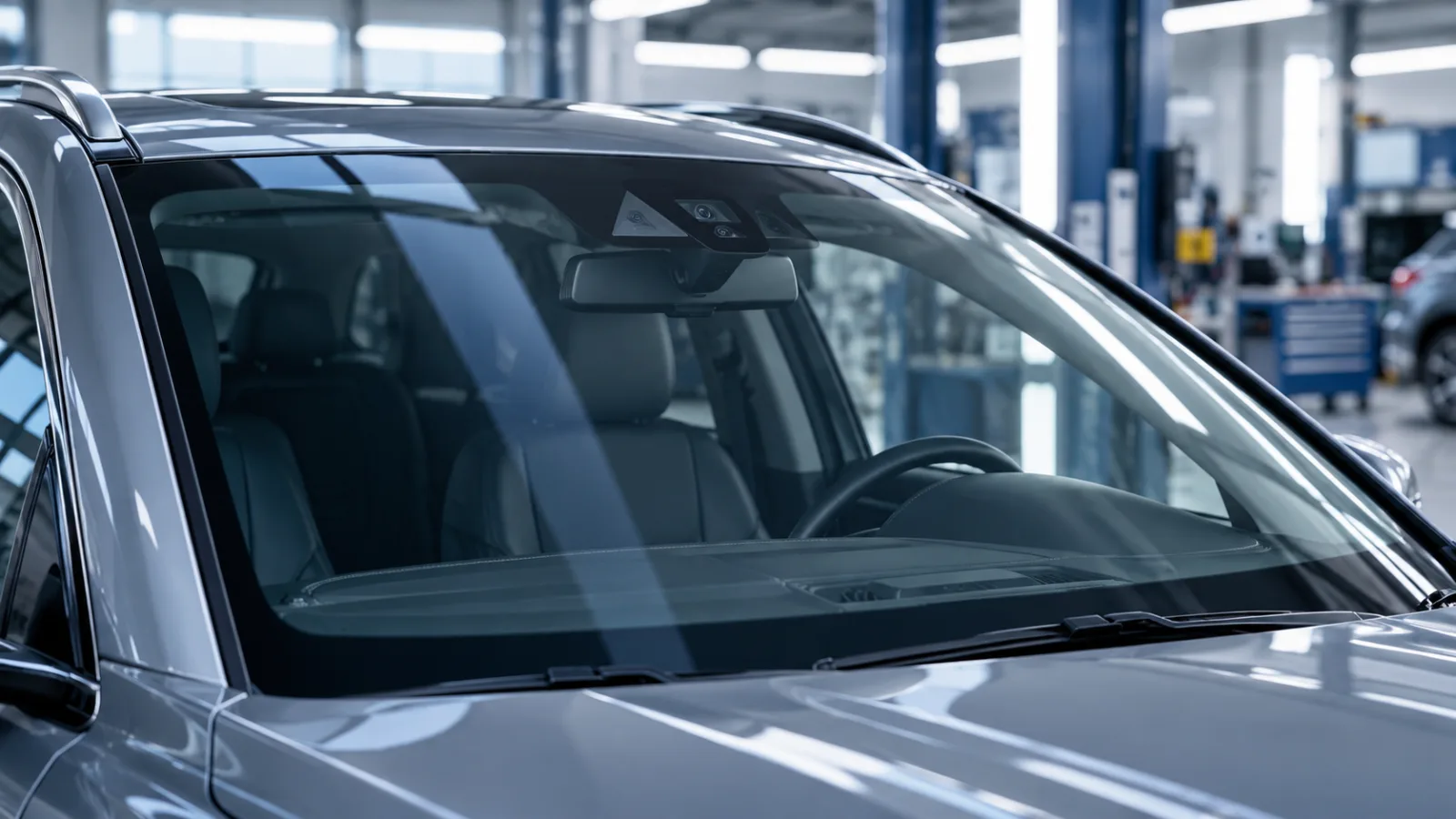 Moderné čelné sklo s kamerou asistenčných systémov v autoservise.