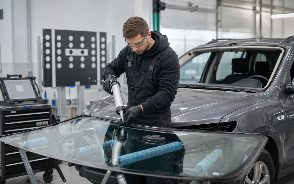 Technik pripravuje výmenu čelného skla v autoservise